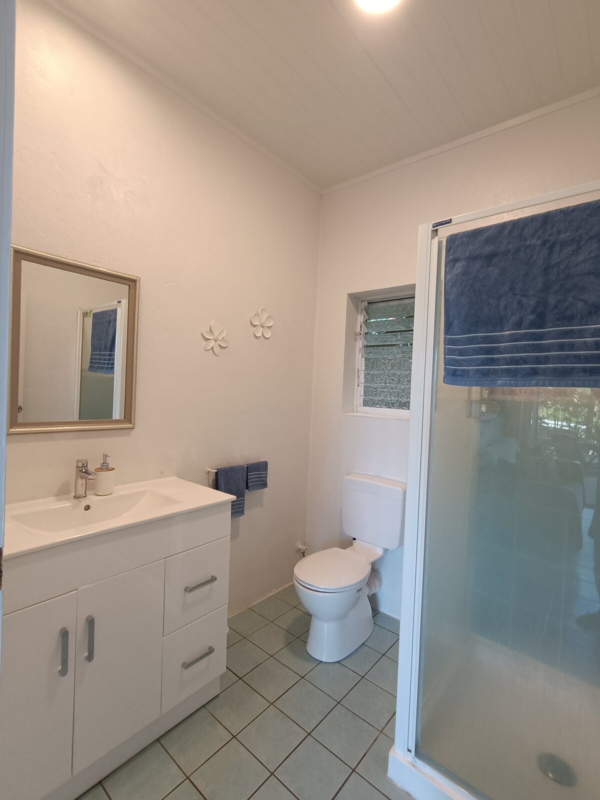 Moko private bathroom with shower and vanity